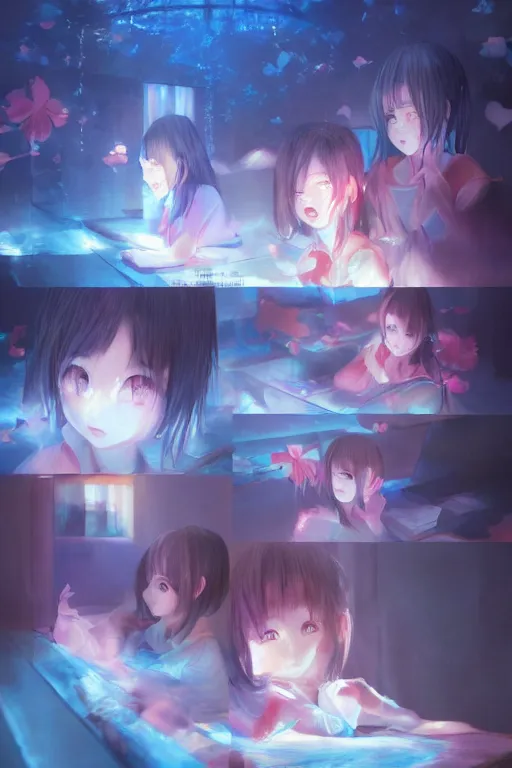 Prompt: 3d infrared octane render concept art by Mo Xiang Tong Xiu, by Igarashi Daisuke, by makoto shinkai, cute beauty cozy portrait anime schoolgirls under dark pink and blue tones, mirror room. light rays. water bellow. beauty and sad eyes. dramatic light, trending on artstation, oil painting brush