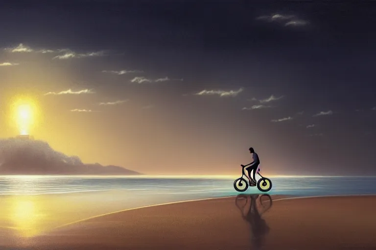 Image similar to photo of man riding a bicycle along the beach, glowing underwater toward a lighthouse in the distance guiding his way, silhouette, wide horizon, large white clouds, night, intricate, elegant, highly detailed, digital painting, artstation, concept art, smooth, sharp focus, illustration, art by artgerm and greg rutkowski and fra angelico