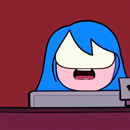 Image similar to a very animated tired person with bloodshot eyes and tongue out staring at the computer with despondence, adventure time animation style