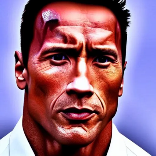 Prompt: ( dwayne rock johnson ) have a body and face of arnold arnold schwarzenegger from terminator movie. symmetric face, coherent face, coherent eyes, symmetric eyes