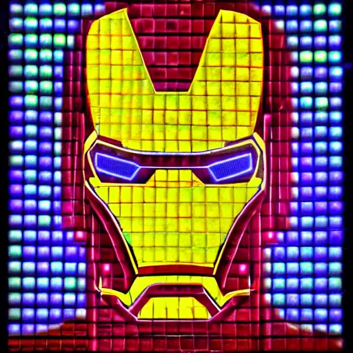 Image similar to mosaic portrait of iron man with robot ears by Saimir Strati, 4k, intricate details, neon lights