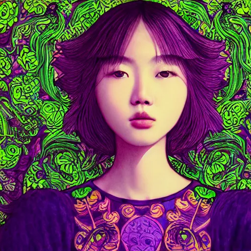 Image similar to the portrait of an unbelievably beautiful, elegant, and sophicated young korean instagram model partially made of broccoli, an ultrafine detailed illustration by james jean, intricate linework, bright colors, final fantasy, behance contest winner, vanitas, angular, altermodern, unreal engine 5 highly rendered, global illumination, radiant light, detailed and intricate environment