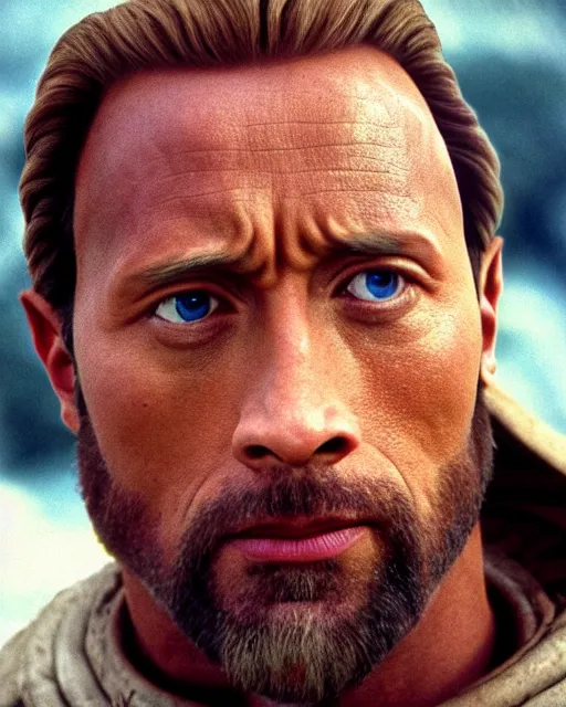 Image similar to Film still close-up shot of Dwayne Johnson as Obi-Wan Kenobi from the movie Return of the Jedi. Photographic, photography