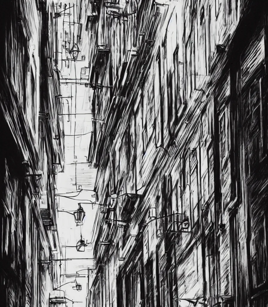 Image similar to charcoal sketch alleyway red neon signs