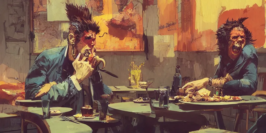 Image similar to cartoonish tom waits eating dinner, vivid colors, character sheet, fine details, concept design, contrast, kim jung gi, greg rutkowski, trending on artstation, 8 k, full body, turnaround, front view, back view, ultra wide angle