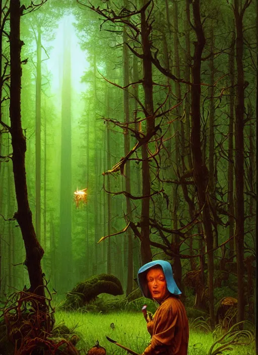 Image similar to hyper realistic witch modem with mood lighting and tech in the woods gorgeous lighting, blue sky, highly detailed, lush forest foliage painting by zdzisław beksinski and norman rockwell and greg rutkowskiweta studio, and lucasfilm