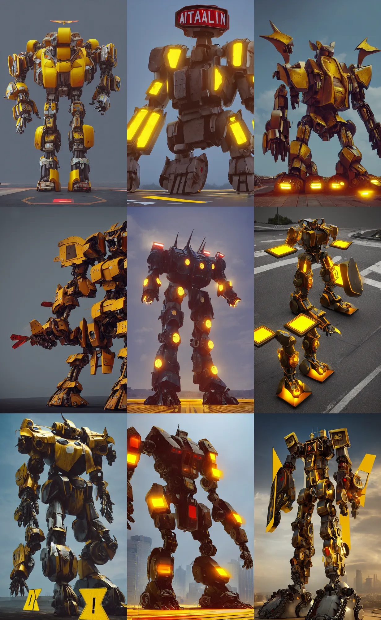 Prompt: giant mecha gladiator made of yellow road signs and a red stop sign on its head, character design trending on artstation, mecha, unreal engine, octane render, detailed model, hardsurface modelling, epic battle, heavily stylized