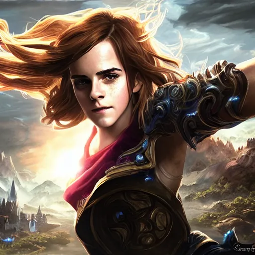 Image similar to portrait of emma watson as hermione, league of legends amazing splashscreen artwork, gears of war, splash art, natural light, elegant, photorealistic facial features, intricate, fantasy, detailed face, atmospheric lighting, anamorphic lens flare, cinematic lighting, league of legends splash art, hd wallpaper, ultra high details by greg rutkowski