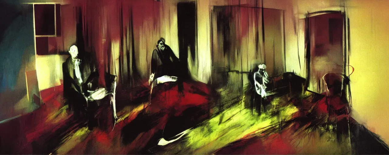 Prompt: photo of a man in the apartment painted by Francis Bacon, Adrian Ghenie, psx game graphics