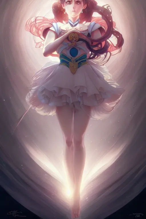 Image similar to Sailor Moon, fantasy, intricate, elegant, highly detailed, digital painting, artstation, concept art, matte, sharp focus, illustration, art by Artgerm and Greg Rutkowski and Alphonse Mucha