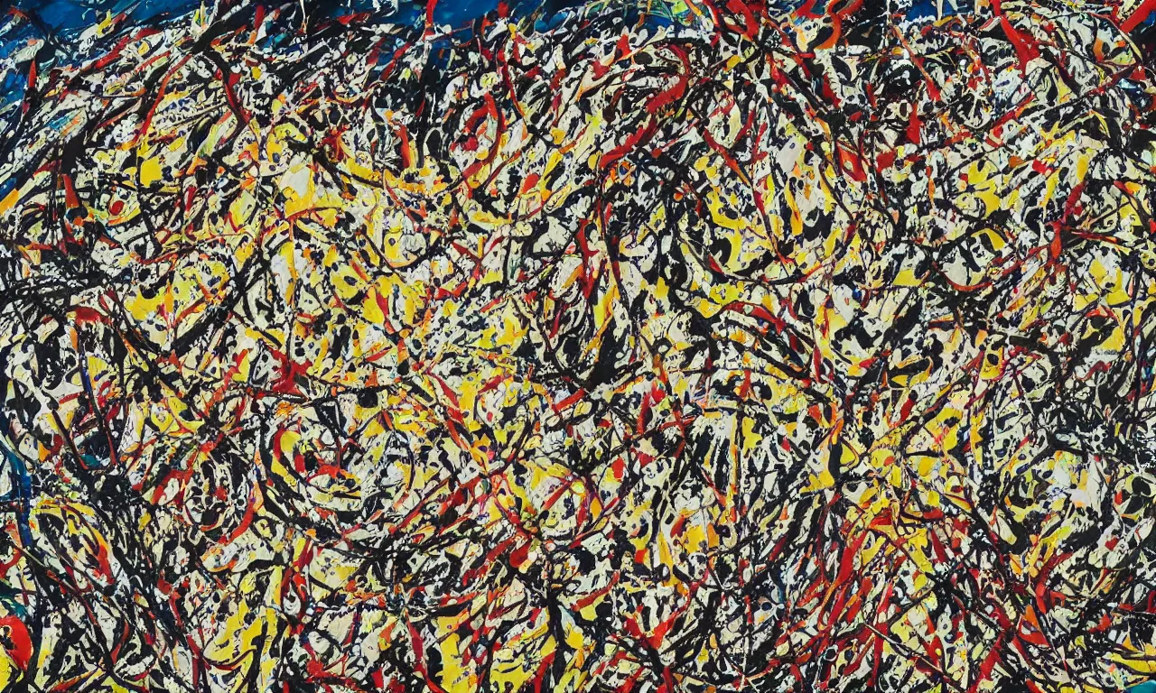 Prompt: jackson pollock drip painting of the assumption, acrylic on raw canvas