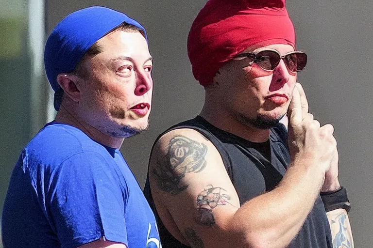 Image similar to elon musk as a dangerous gang member, wearing a blue head covering made from a polyester material and a stained white tank top, paparazzi, leaked footage, uncomfortable, bad quality