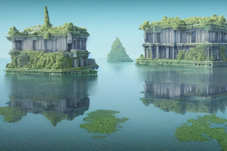 Prompt: first person perspective digital illustration of a floating water palace by beeple and Roger Dean:1|fantasy, horizontal symmetry, cinematic, architectural design by Frank Lloyd Wright:0.9|Unreal Engine, Octane, finalRender, devfiantArt, artstation, artstation HQ, behance, HD, 16k resolution:0.8