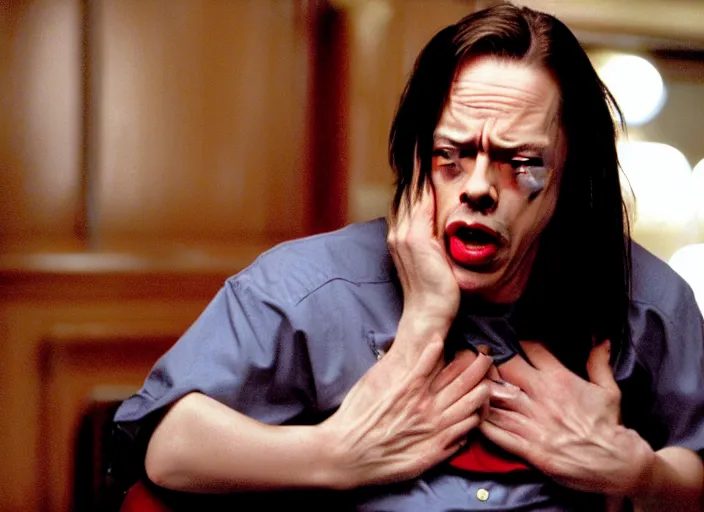 Image similar to steve buscemi in a still from the movie The Room (2003), screaming You Are Tearing Me Apart Lisa!