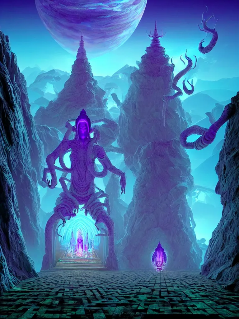 Image similar to entrance to ethereal realm, shiva waiting, rendered in unreal engine, central composition, symmetrical composition, dreamy colorful cyberpunk colors, 6 point perspective, fantasy landscape with anthropomorphic!!! terrain!!! in the styles of igor morski, jim warren, and rob gonsalves, intricate, hyperrealistic, volumetric lighting, neon ambiance, distinct horizon