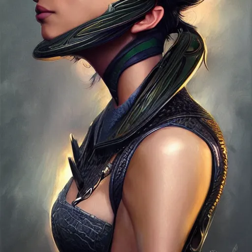 Image similar to a portrait of jenna dewan as bayonetta, upper half portrait, urban motifs, intricate, elegant, highly detailed, digital painting, trending on artstation, concept art, smooth sharp focus, illustration, art by artgerm and greg rutkowski