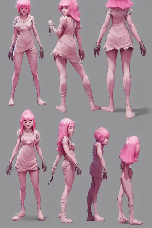 Image similar to character sheet for a pink haired female for hamcus impact by craig mullins, by studio ghibli, digital art, trending on artstation, hd, 8 k, highly detailed, good lighting, beautiful, masterpiece