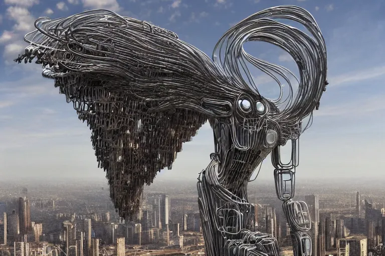 Prompt: an extremely high quality hd, a large metal sculpture of a winged creature, cyberpunk art by peter gric, featured on zbrush central, gothic art, seemingly made of paperclips, apocalypse art, dystopian art, 8 k, ultra realistic, very realistic