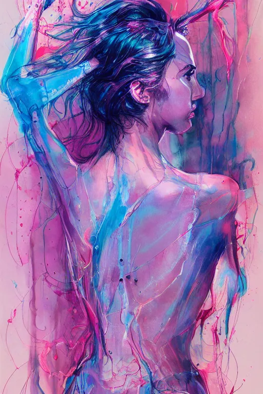 Prompt: gal gadot by agnes cecile enki bilal moebius, intricated details, 3 / 4 back view, full body portrait, extremely luminous bright design, pastel colours, drips, autumn lights