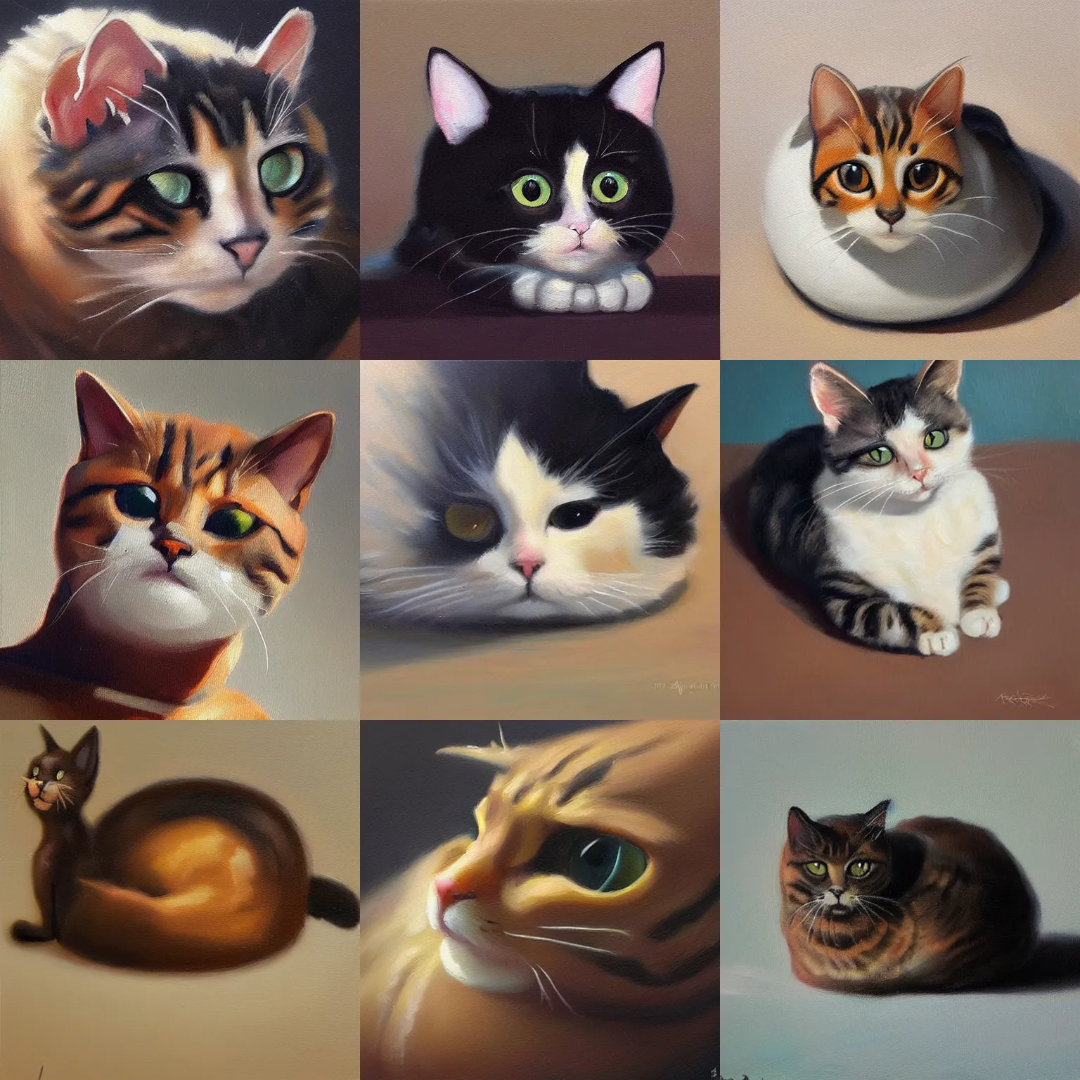 Prompt: an oil painting of a cat loaf. cute. trending on artstation
