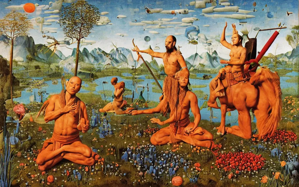 Prompt: a portrait photograph of a meditating shaman and a centaur monk riding a rocket and hunting at a river delta. surrounded by bulbous flowers and trees. mountain range under a blue sky of fiery stars. by jan van eyck, max ernst, ernst haeckel, ernst fuchs and artgerm, cgsociety, fashion editorial, 8 k