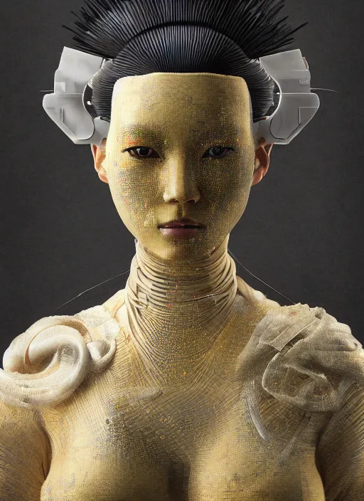 Prompt: portrait of a futuristic geisha cyborg, made from million point clouds, in the style of ghost in the shell, kintsugi, modern fine art, fractal, intricate, elegant, highly detailed, digital photography, subsurface scattering, by jheronimus bosch and greg rutkowski,