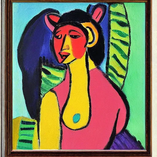 Image similar to painting of a tiger and young native american woman in a jungle by alexej von jawlensky