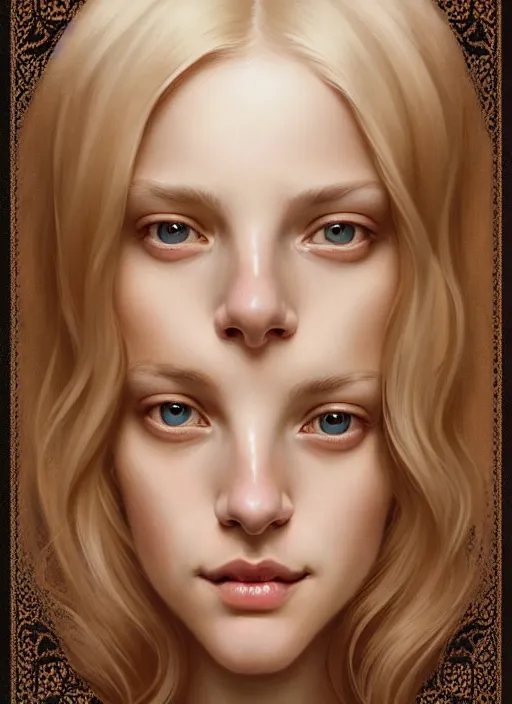 Prompt: symmetrical feminine face, portrait of young woman blessed by god with ever - increasing physical and mental perfection, blonde hair, perfect face!! intricate, elegant, highly detailed, vision of holy perfection!! smile, digital painting, artstation, concept art, smooth, sharp focus, illustration, art by artgerm and greg rutkowski and alphonse mucha