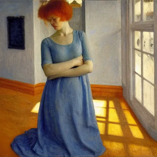 Prompt: a young girl in a blue golden room, film still by edward hopper, by Bosch, by klimt, art noveau, highly detailed, strong lights, liminal, eerie, Bright pastel colors