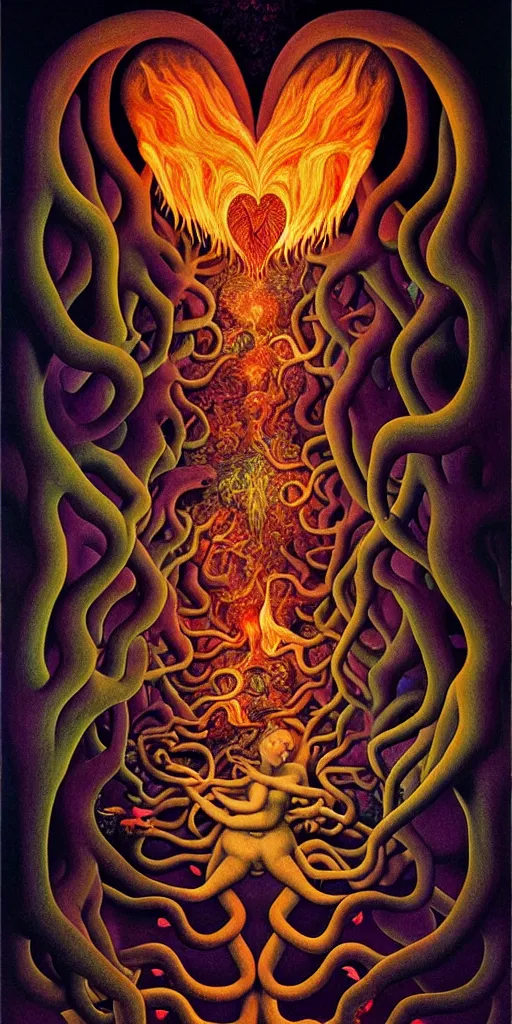 Prompt: mythical creatures and monsters in the visceral anatomical human heart imaginal realm of the collective unconscious, in a dark surreal painting by johfra, mc escher and ronny khalil, dramatic lighting fire glow