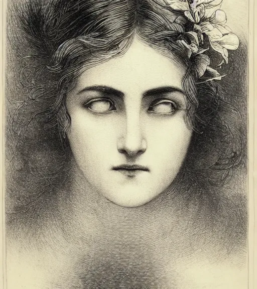 Image similar to black and white, extreme close-up, dark light, woman face in flowers, Gustave Dore lithography