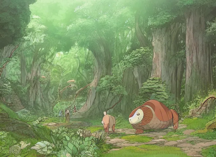 Prompt: a majestic turtois in a mythical forest next to a pathway, by ghibli studio and miyasaki, illustration, great composition