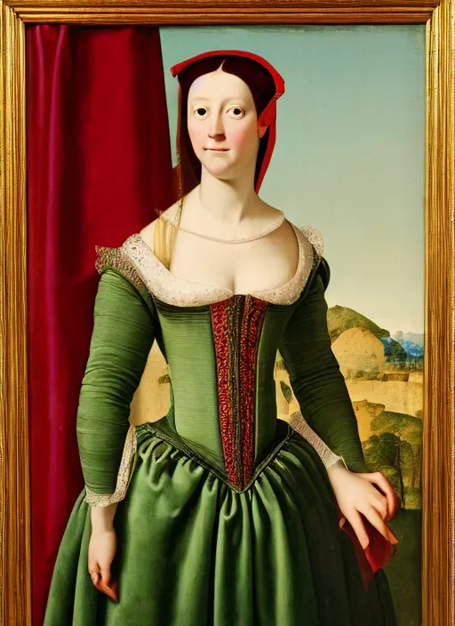 Image similar to portrait of young woman in renaissance dress and hennin, art by petrus christus,