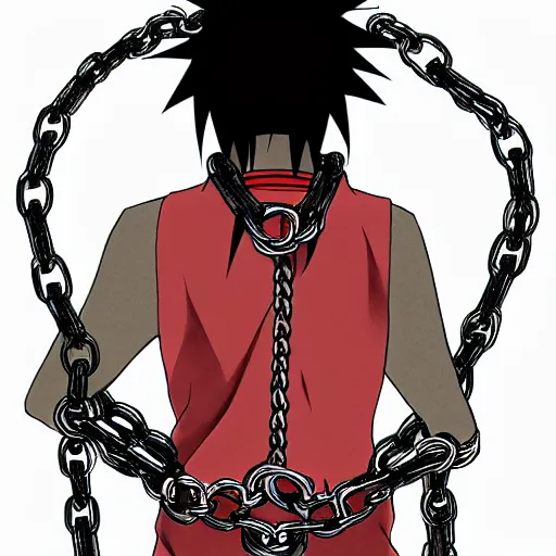 Image similar to A FULL BODY PORTRAIT FROM BEHIND OF UCHIHA ,THE MAN KEEPS A KUSARIGAMA AND IT IS WRAPPED IN CHAINS ,detailed, concept art, ink style , sketch