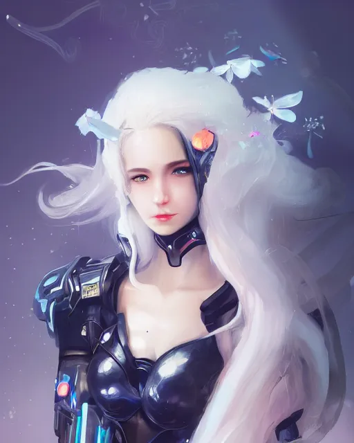 Image similar to cyborg girl with white hair and black skirt, flower decorations, dreamy, beautiful illustration, scifi, radiant, atmosphere, harmony, top lighting, blue eyes, focused, perfect composition, artstation, highly detailed, art by yuhong ding and chengwei pan and serafleur and ina wong