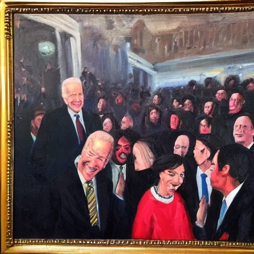 Prompt: Biden smiling with red glowing eyes staring at a crowd of people crying, oil painting