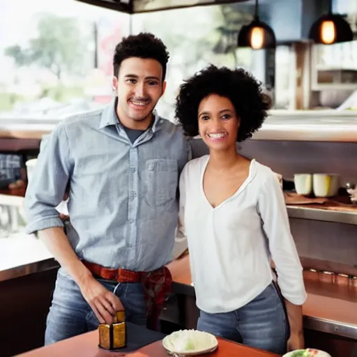 Prompt: a young couple standing on top of the counter at a diner