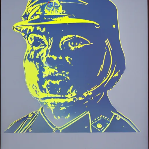 Image similar to screenprint solarized portrait of a cop in riot gear by andy warhol