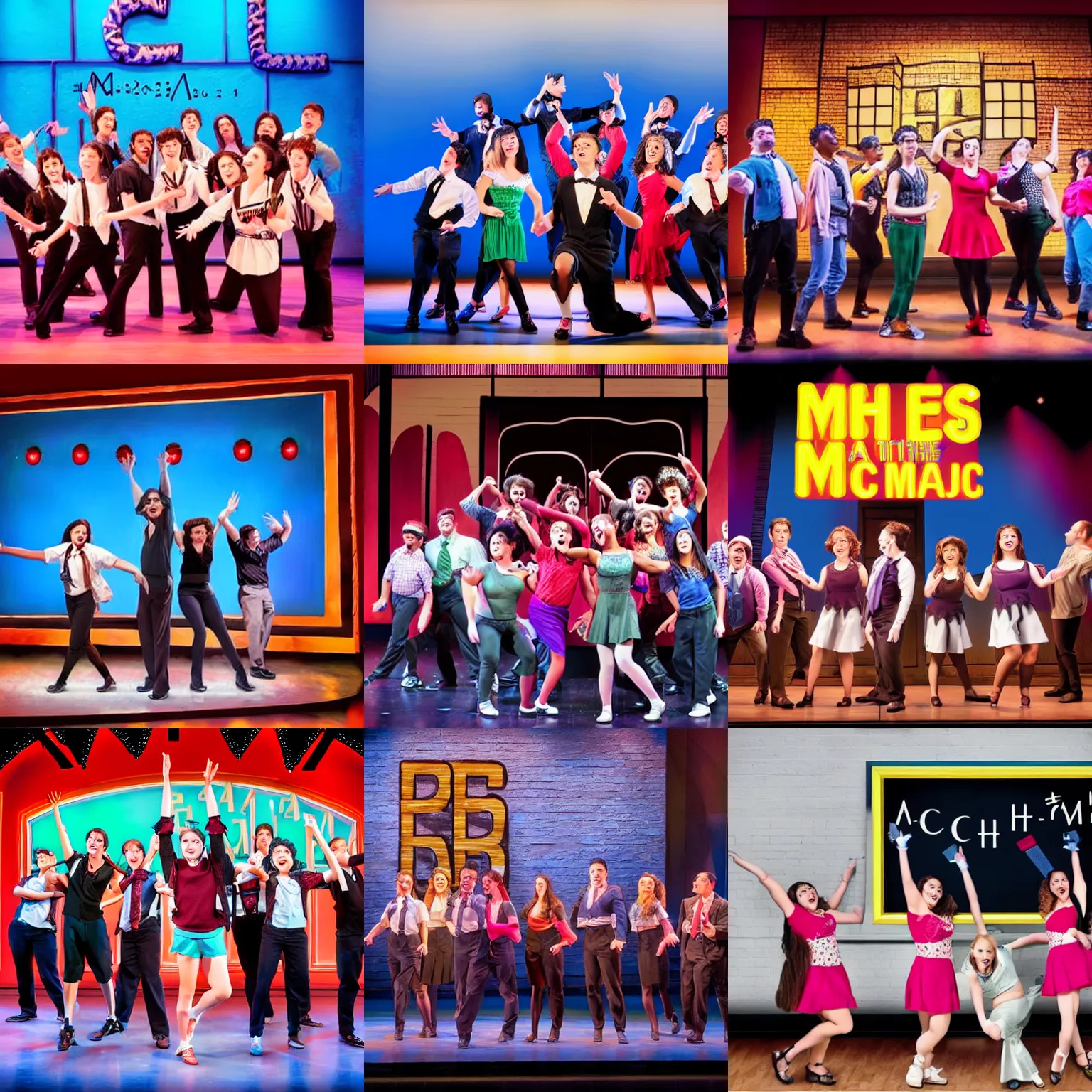 Prompt: mathematics the musical on broadway, cast, dynamic poses, classroom chalkboard, promotional photo, stage lighting