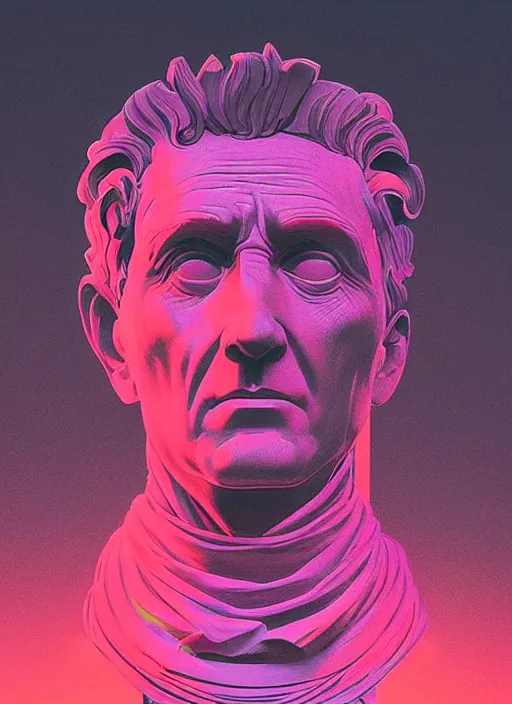 Image similar to statue of julius caesar, beeple, android jones, dan mumford, vaporwave, retrowave, black background, neon wiring, black, glitch, strong contrast, cuts, pinterest, trending on artstation