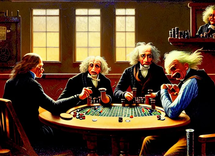 Image similar to isaac newton and stephen hawkins and albert einstein playing poker in an old west saloon, intricate, highly detailed, centered, digital painting, artstation, concept art, smooth, sharp focus, illustration, art by james gurney and norman rockwell and greg rutkowski