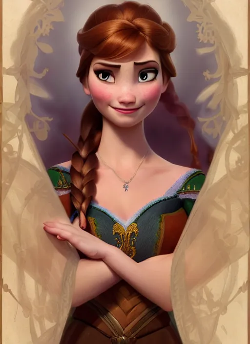 Image similar to anna from frozen ( 2 0 1 3 ), d & d, fantasy, intricate, elegant, highly detailed, digital painting, artstation, concept art, matte, sharp focus, illustration, hearthstone, art by artgerm and greg rutkowski and alphonse mucha