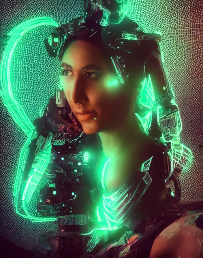 Prompt: full body portrait photo of afghan model cyborg with digital led skin, neon lighting, techno neon projector background, portrait photo, intricate details, ultra realistic, unreal engine 5, depth of field, bokeh, octane render, 8 k hd