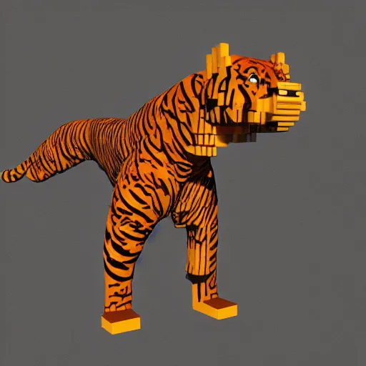 Prompt: voxel art of a tiger and crocodile hybrid, orthographic, 4k, blender render