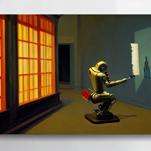 Image similar to beautiful illustration of a robot painting an artwork on a canvas with a paintbrush by Edward Hopper, clean lines, very detailed, colorful octane render