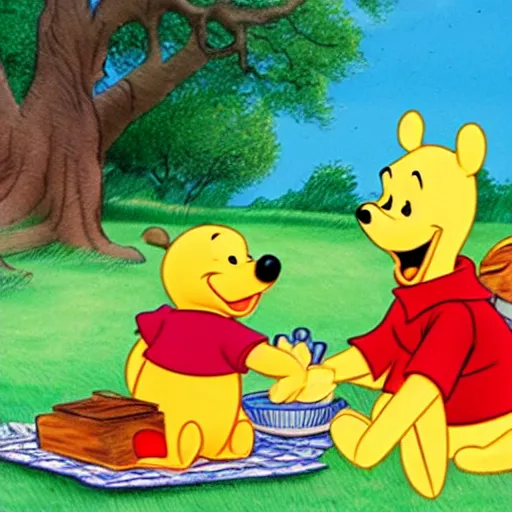 Image similar to Winnie the pooh and Donald duck having a picnic, cartoon