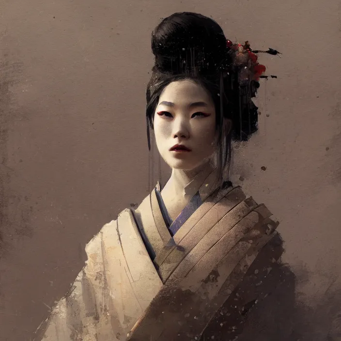 Image similar to female geisha girl, beautiful face, rule of thirds, intricate outfit, spotlight, by greg rutkowski, by jeremy mann, digital painting