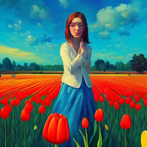 Image similar to girl with a giant tulip head, surreal photography, flower field, sunset dramatic light, impressionist painting, colorful clouds, blue sky, digital painting, artstation, simon stalenhag