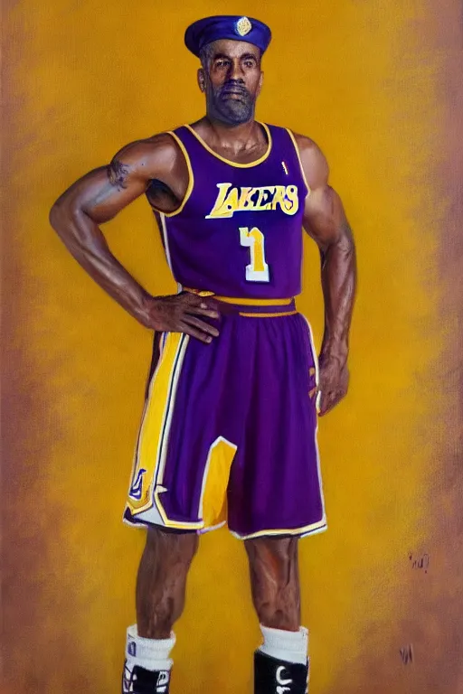 Image similar to full body portrait of the dictator of the los angeles lakers, 1 9 5 5, in full military garb, oil on canvas by william sidney mount, trending on artstation