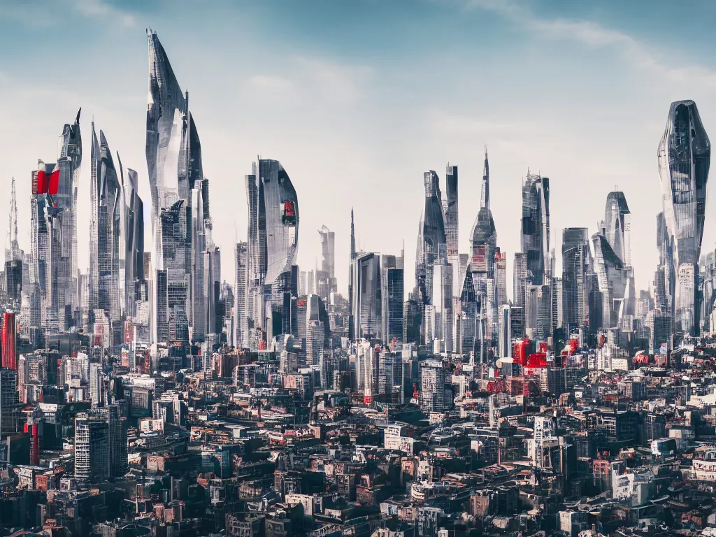 Prompt: the skyline of a futuristic city with victorian architectural influences, white with red accents, 4 k photograph
